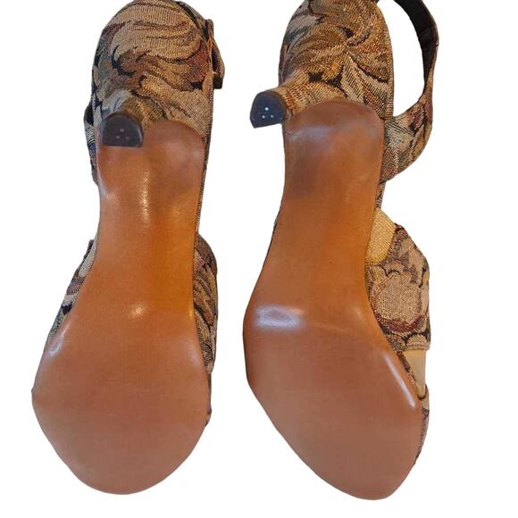 A’mano Women's Cut Out Heel Brown Vegan Floral Fabric Ankle Strap Mid 8 N New - Picture 5 of 11